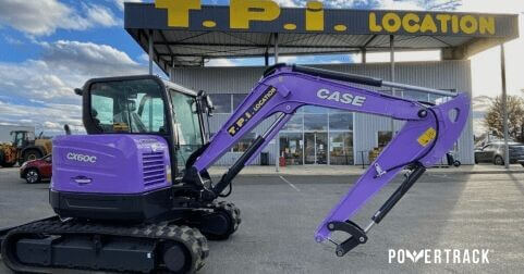 An all-purple CASE CX60C mini-excavator.